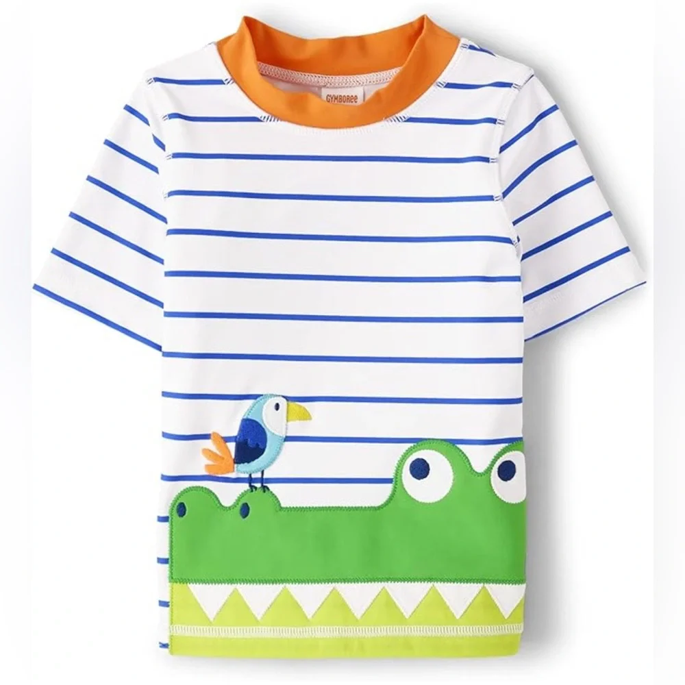 Gymboree Kids Crocodile &‎ Bird Short Sleeve Striped Rash Guard Top Sz 5T 50+UPF